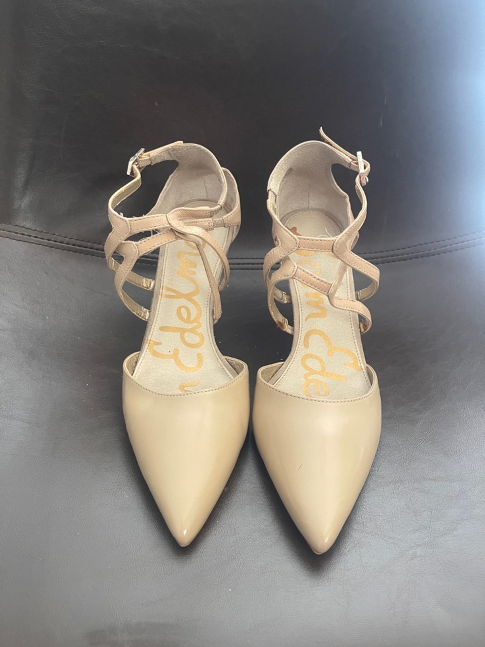 SAM EDELMAN Beige Tan Nude Patent Heels Pumps Ankle Strap